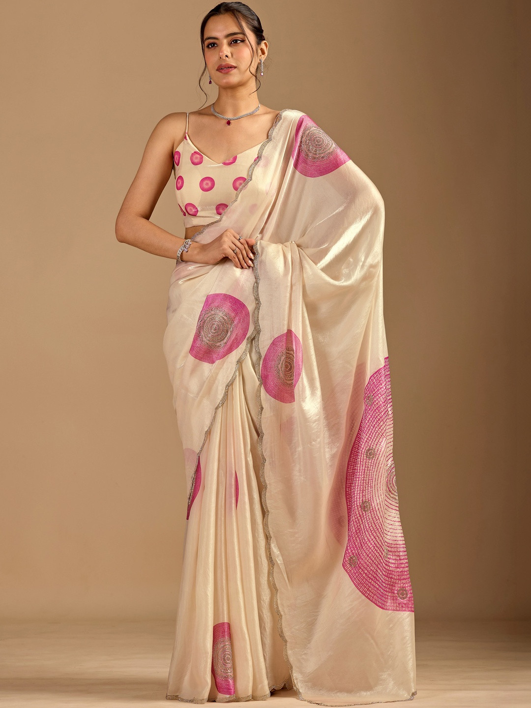 KIYAA FASHION Polka Dot Beads and Stones Organza Designer Saree