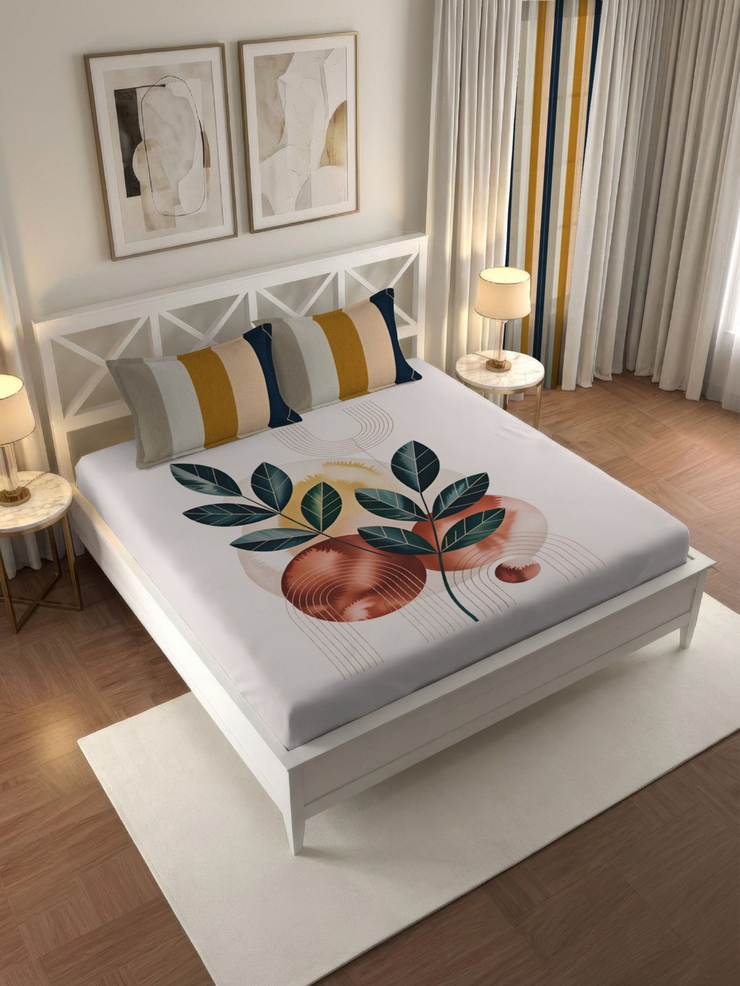 IWS White Floral Printed Microfiber 180 TC King Bedsheet Set 2.20cm x 2.50cm