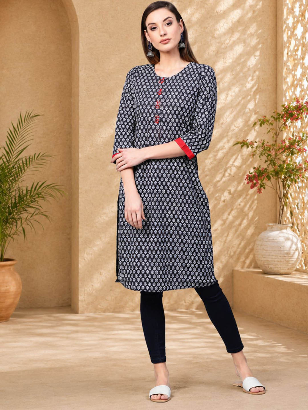 Geroo Jaipur Indigo Hand Block Printed Straight Cotton Kurta