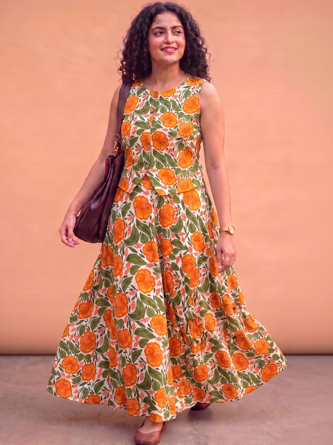 Sangria Tropical Cotton Printed Top with Skirt
