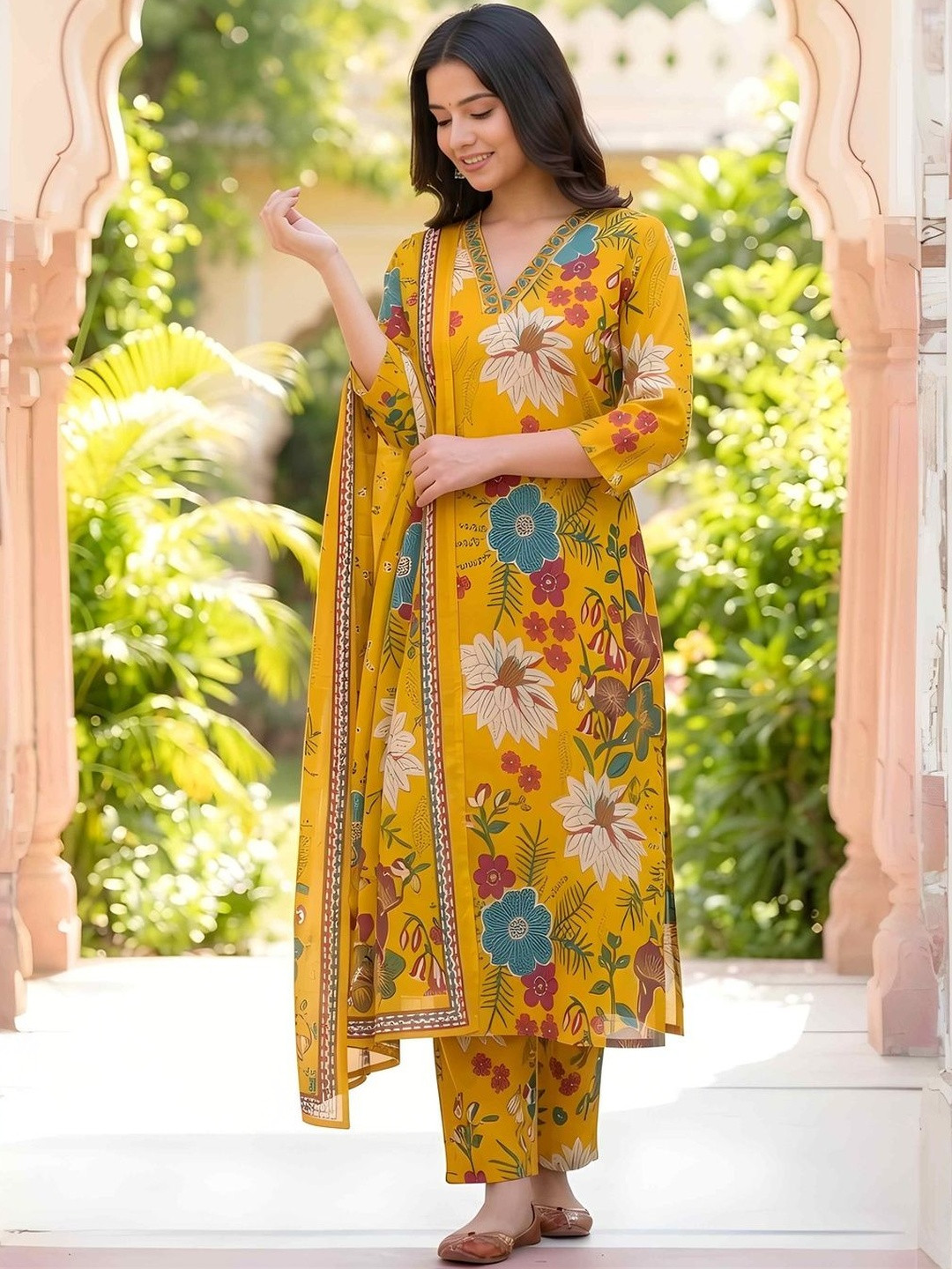 MYRIE Women Floral Printed Regular Kurta with Trousers & With Dupatta