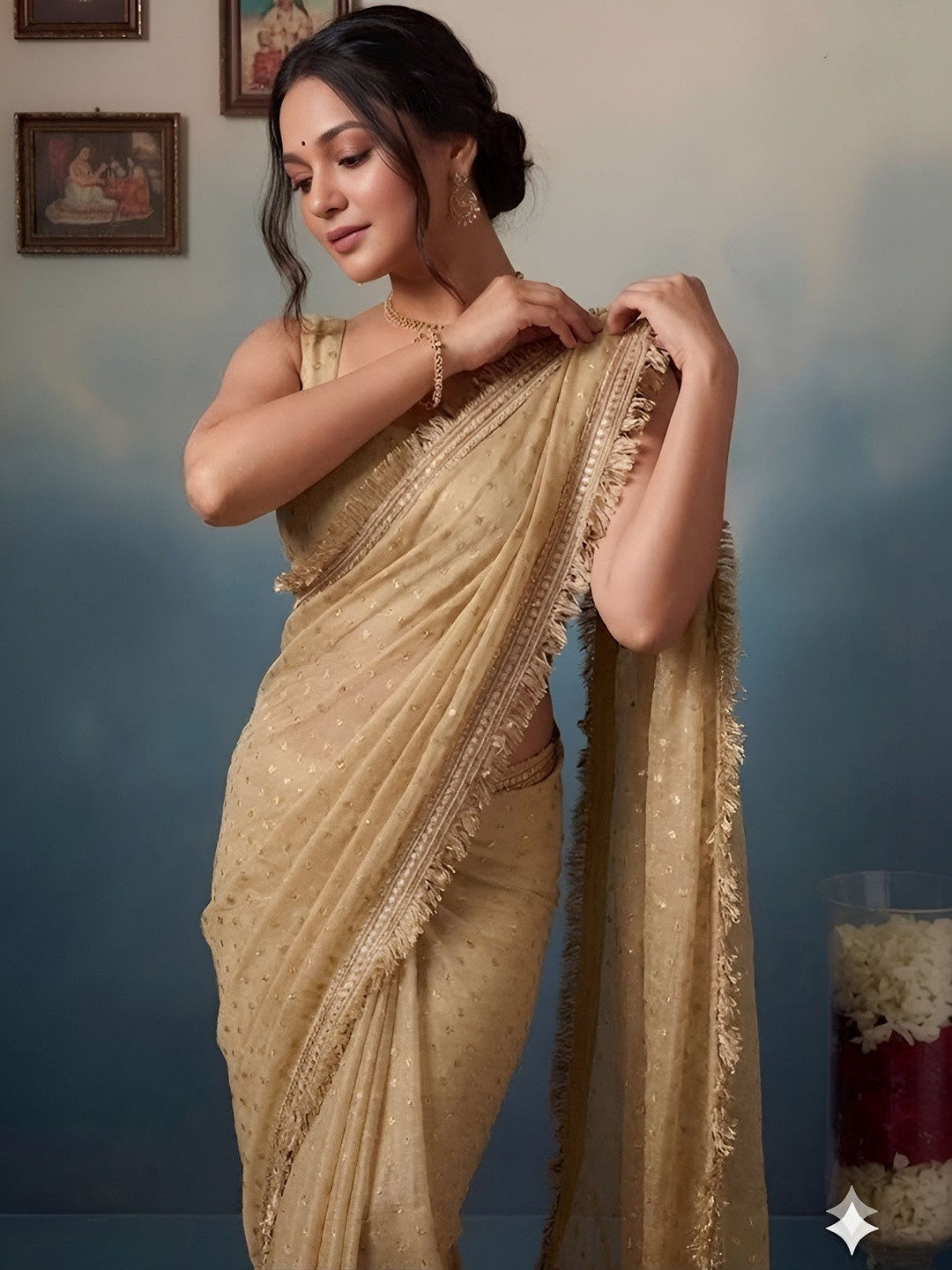 VRAGI Embellished Sequinned Silk Blend Heavy Work Saree