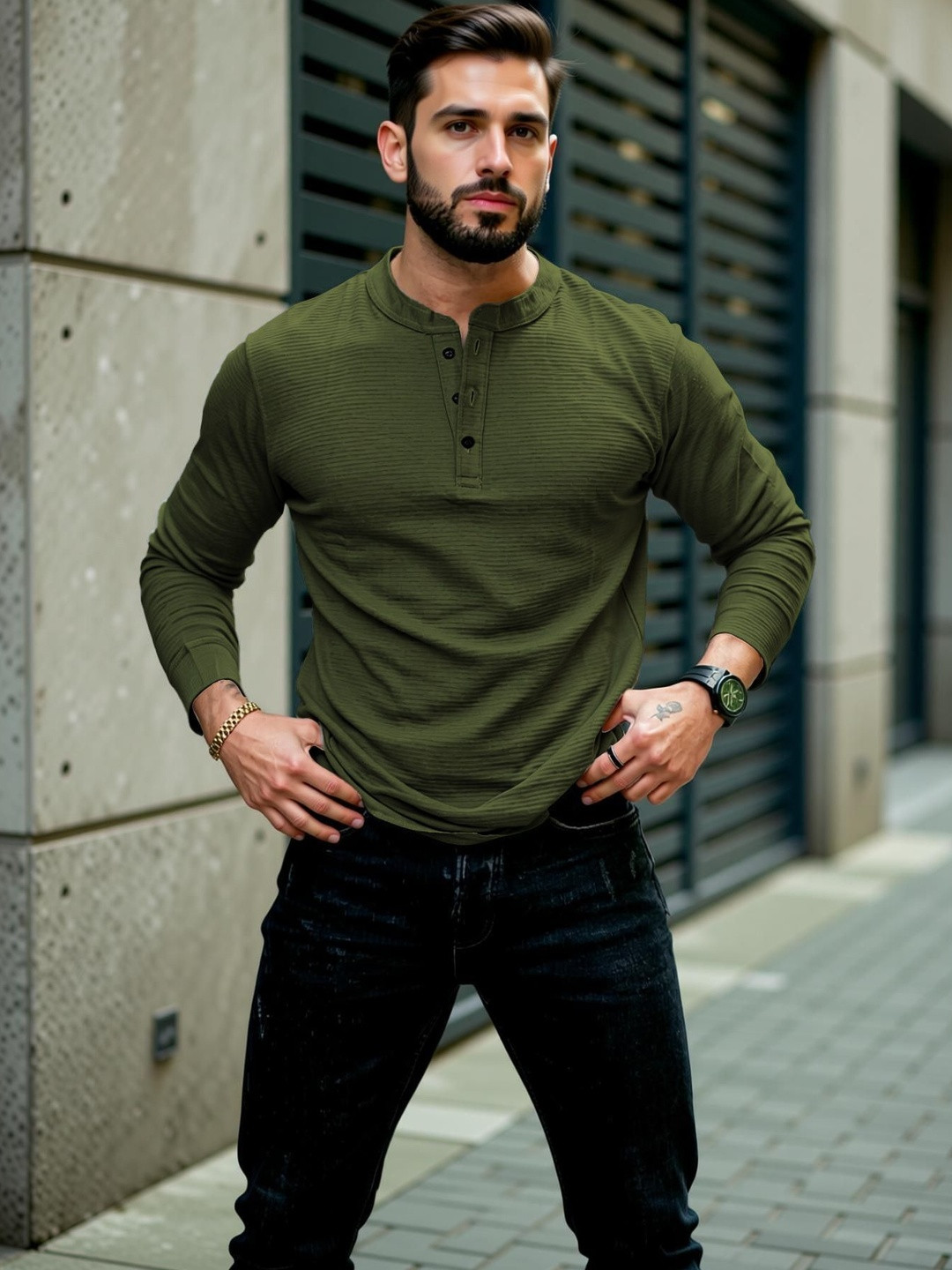 HOODLER Men Henley Neck T-shirt