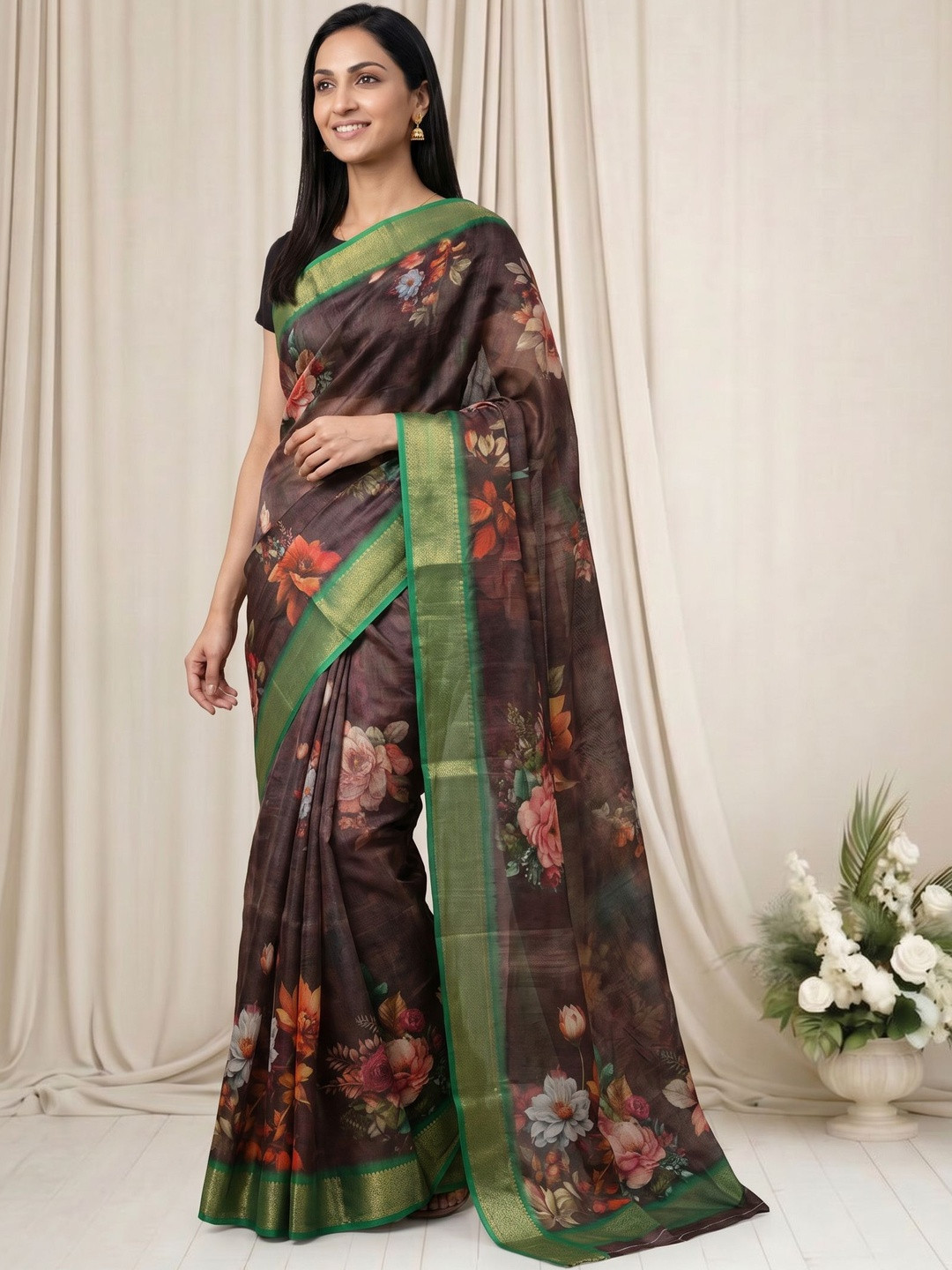 HERE&NOW Floral Silk Blend Mangalagiri Saree
