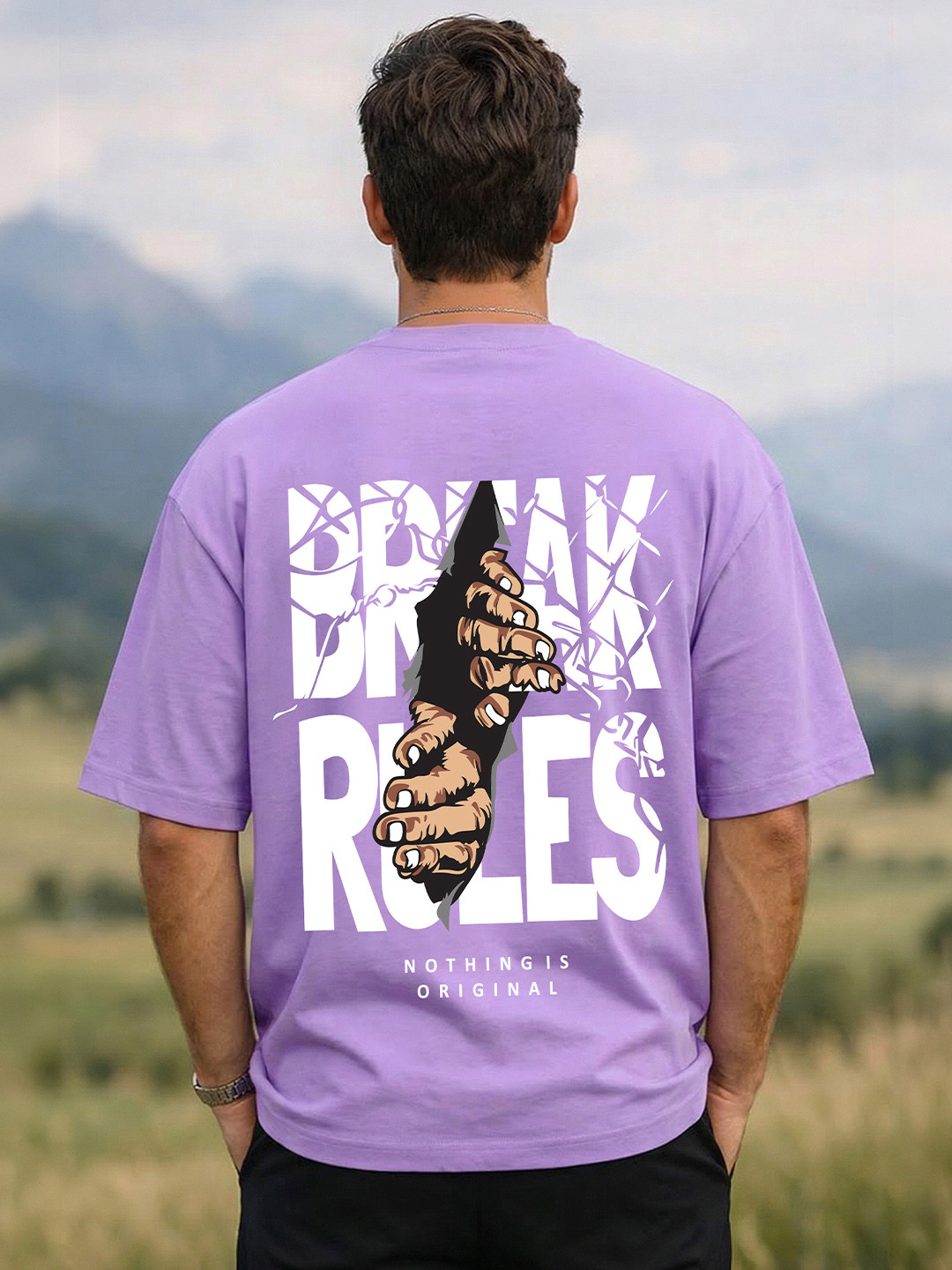 BENNY BROOKS Men Lavender Round Neck Half Sleeve Oversized Tshirt