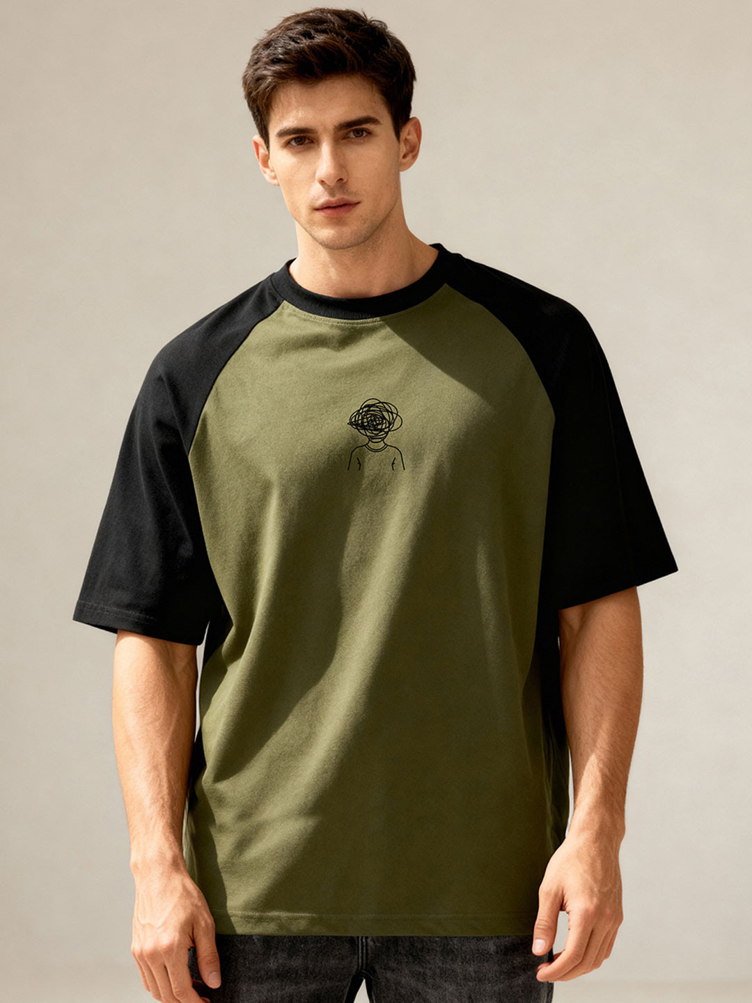 TOM MILTON Men Off White Raglan Round Neck Oversized T-Shirt