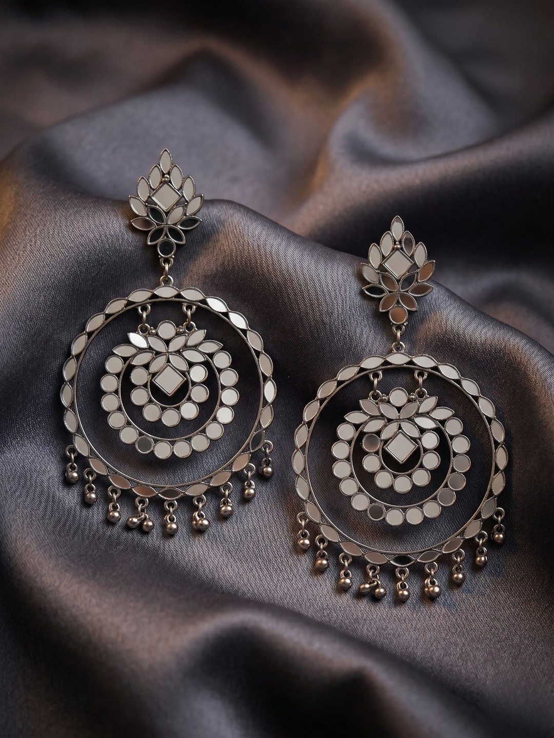 Oxidized Silver-Toned Mirror Work Statement Concentric Chandbali Drop Earrings