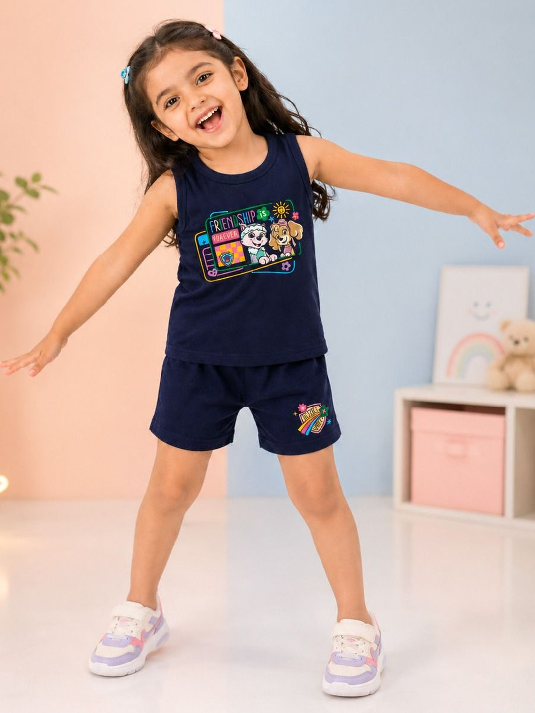 Button Bear Girls Cotton PawPatrol Printed Regular Fit Sleeveless T-shirt with Shorts
