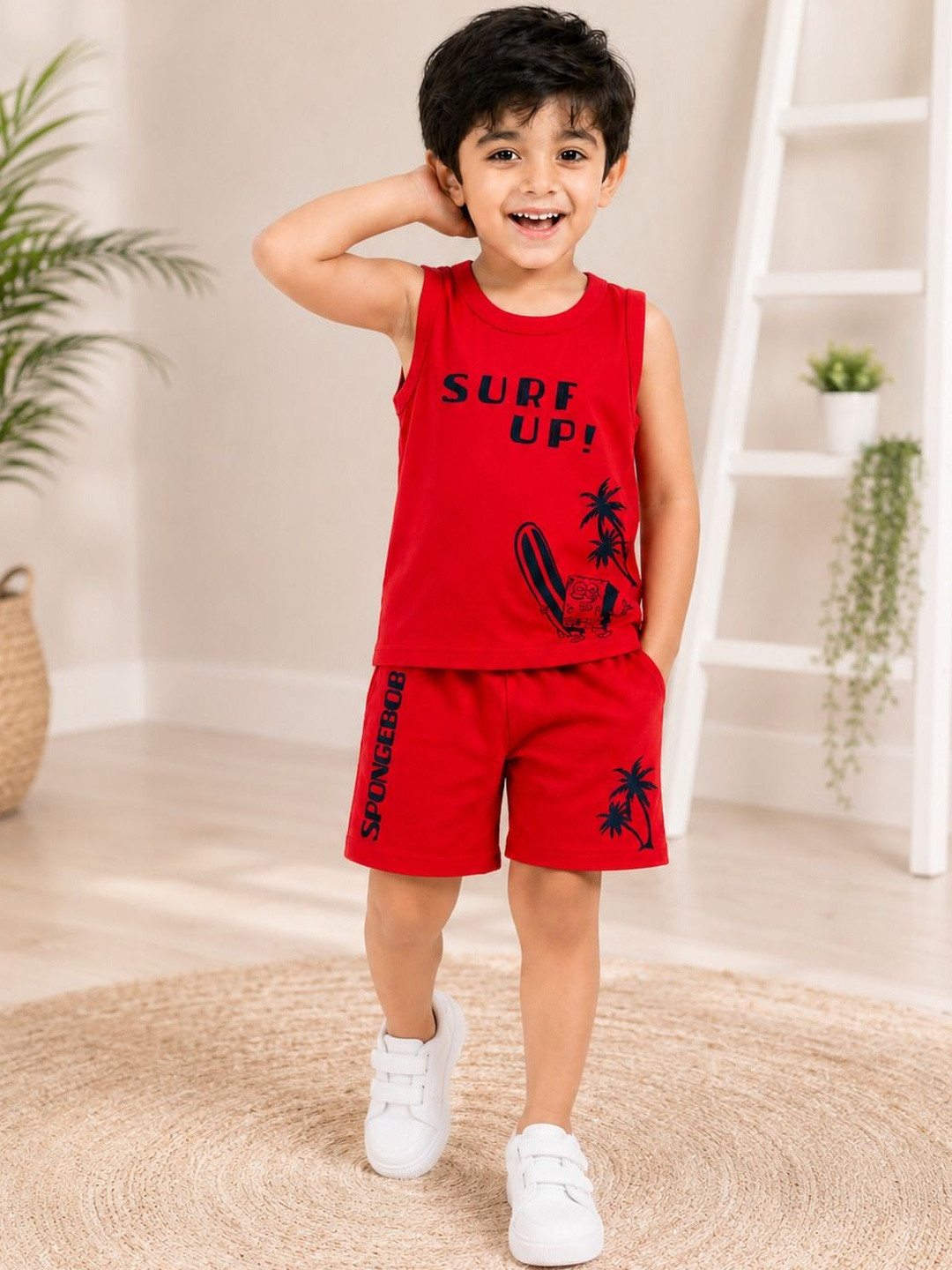 Button Bear Boys Cotton SpongeBob Printed Regular Fit Sleeveless T-Shirt with Shorts