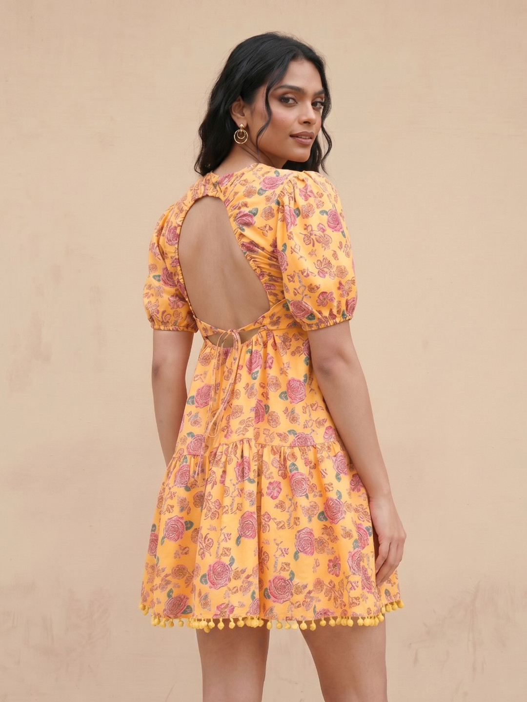 fusion by glitchez Floral Printed Tie-Up Detailed Puff Sleeve A-Line Mini Dress