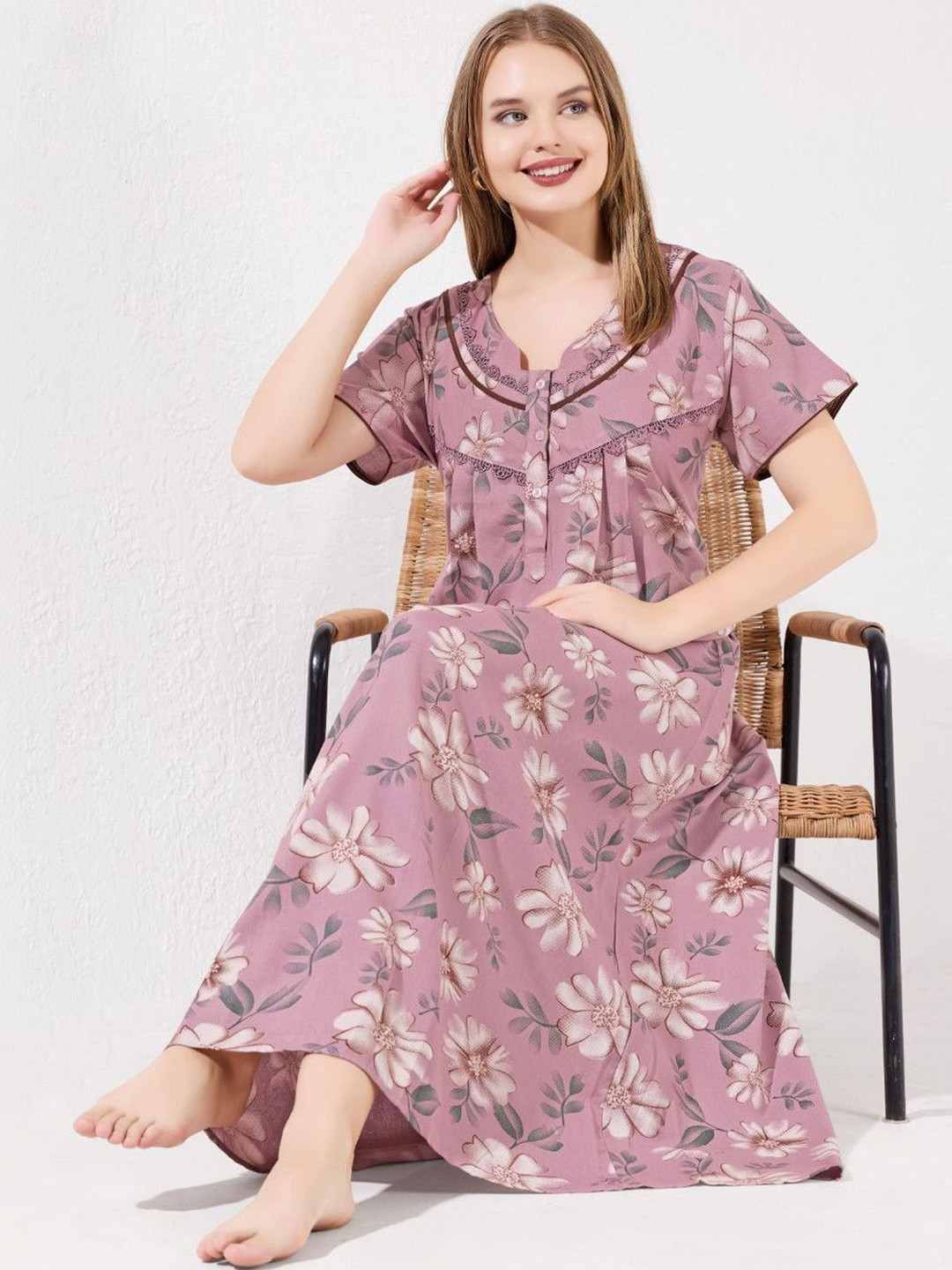 TRUNDZ Floral Printed V-Neck Maxi Nightdress