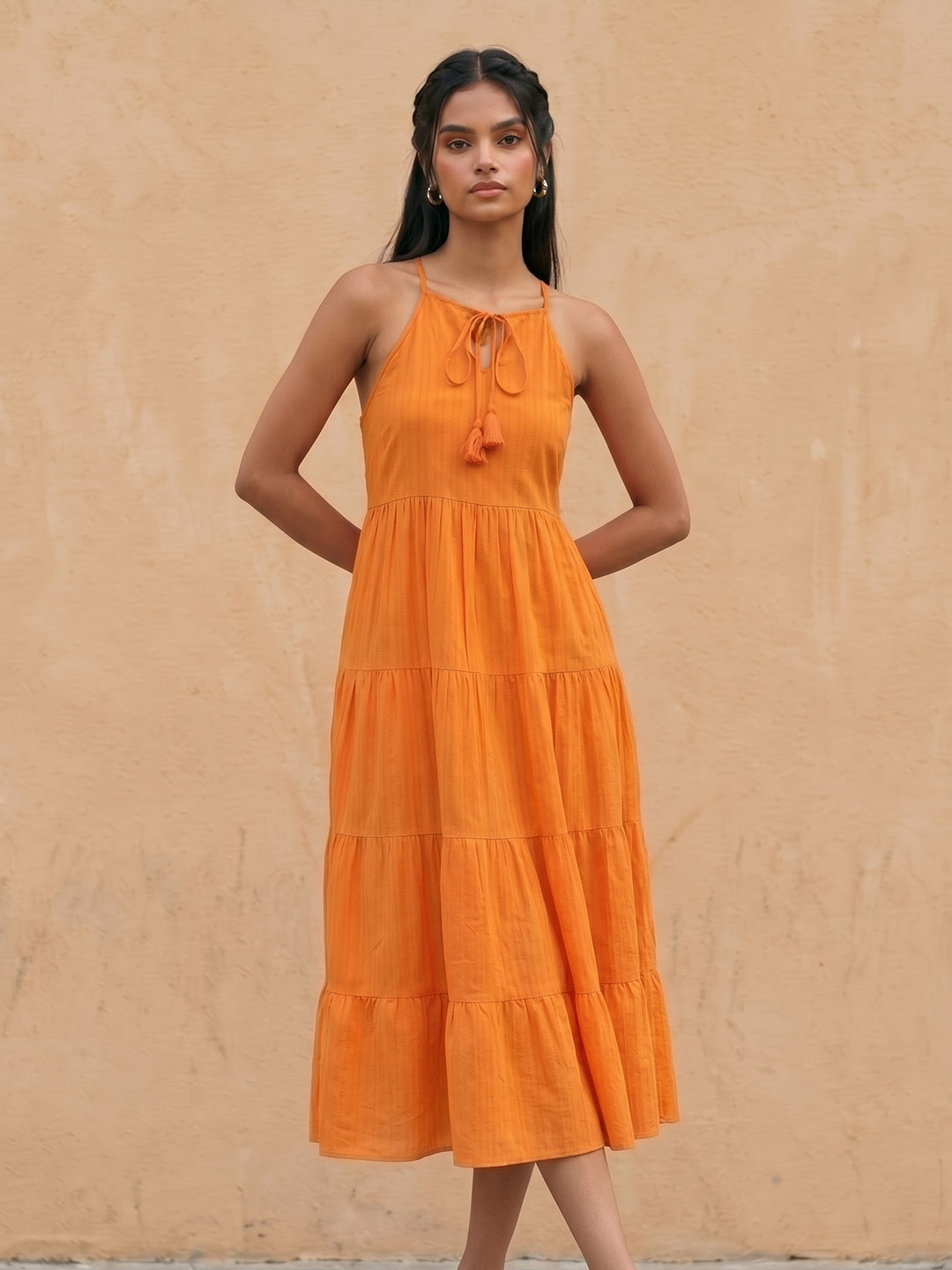 Orange Tiered A-Line Midi Dress with Shoulder Straps