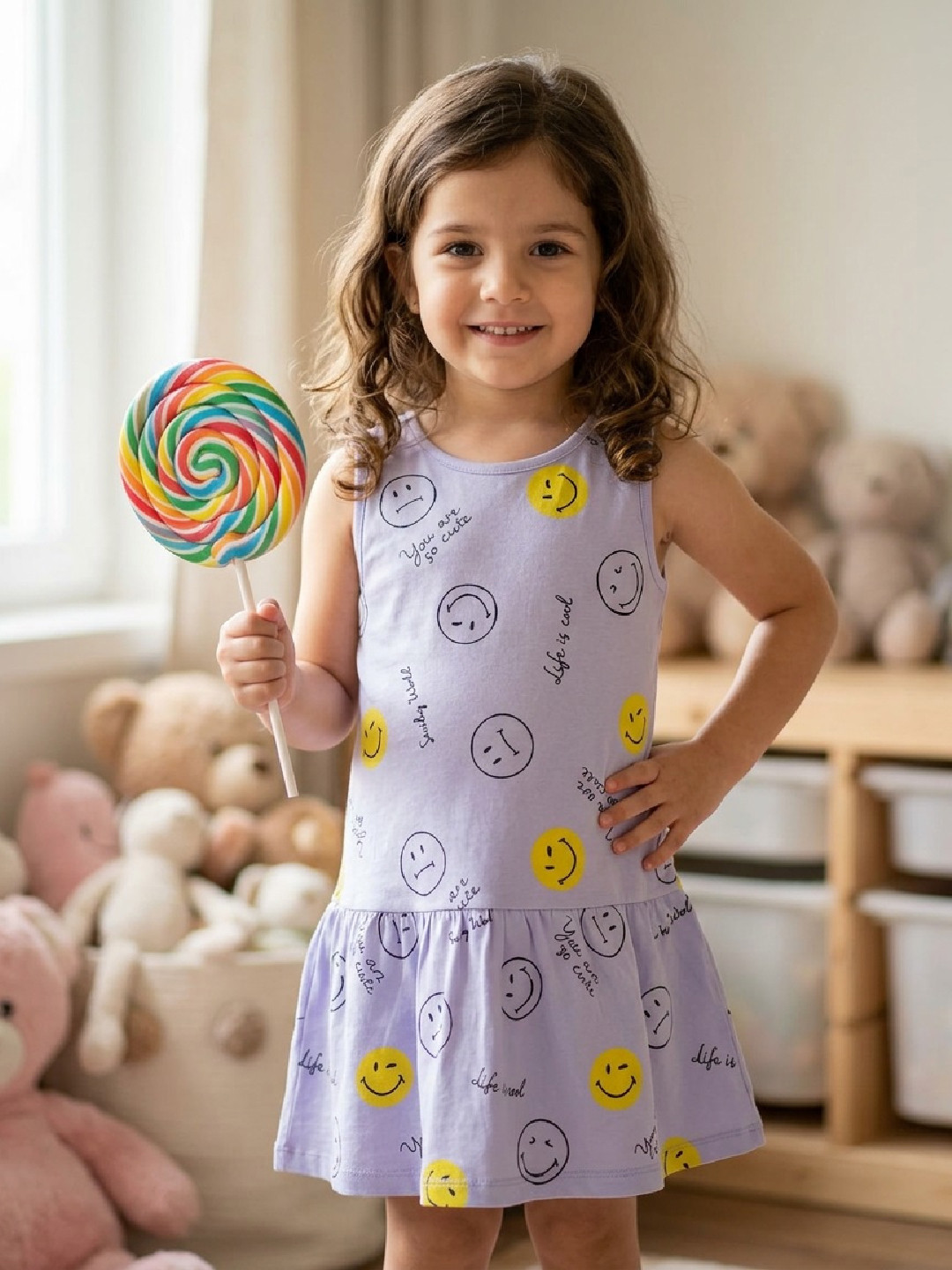 Happy Faces Pure Cotton Smiley Print A-Line Dress