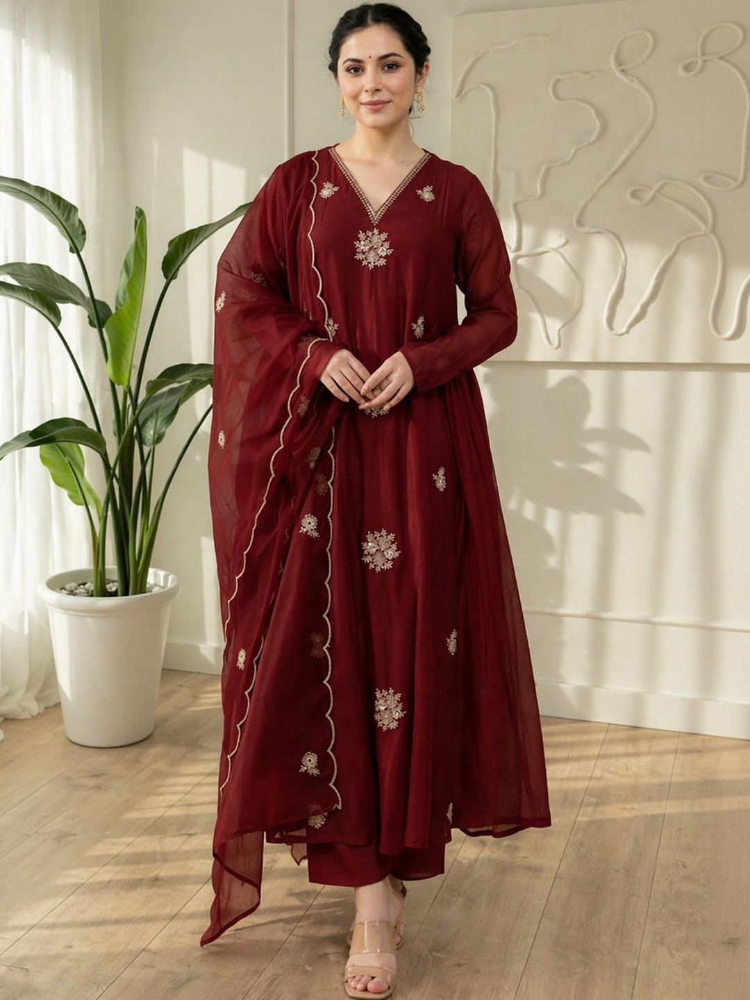 KALINI Women Ethnic Motifs Embroidered Tiered Thread Work Kurta with Trousers & With Dupatta