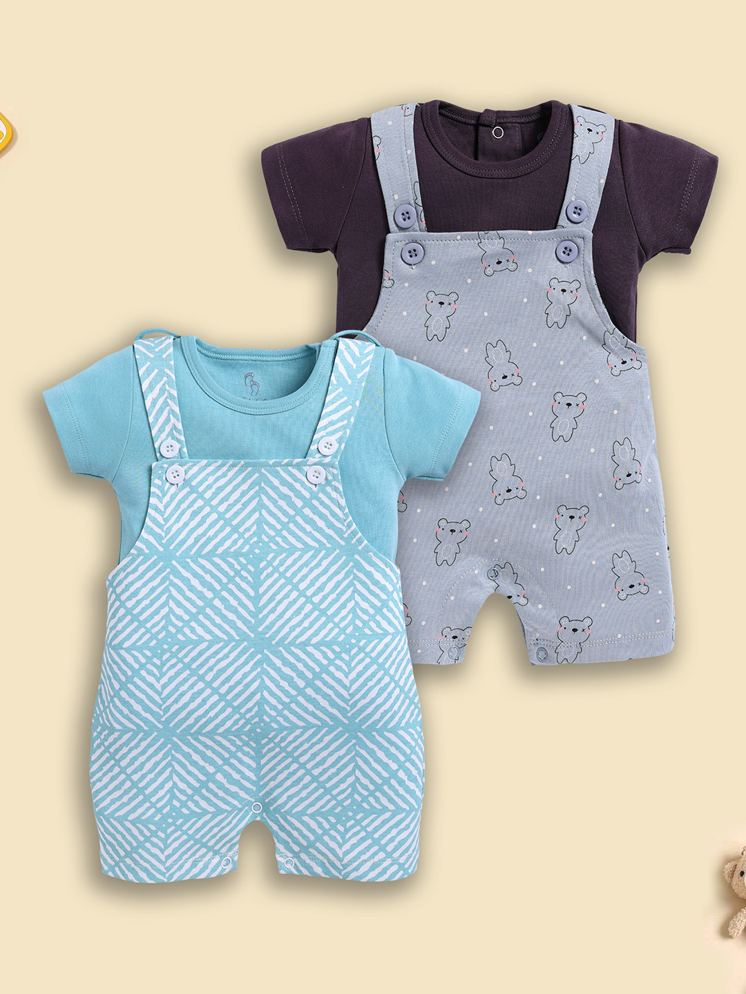 BABY GO Pack Of 2 Printed Cotton Short Dungarees