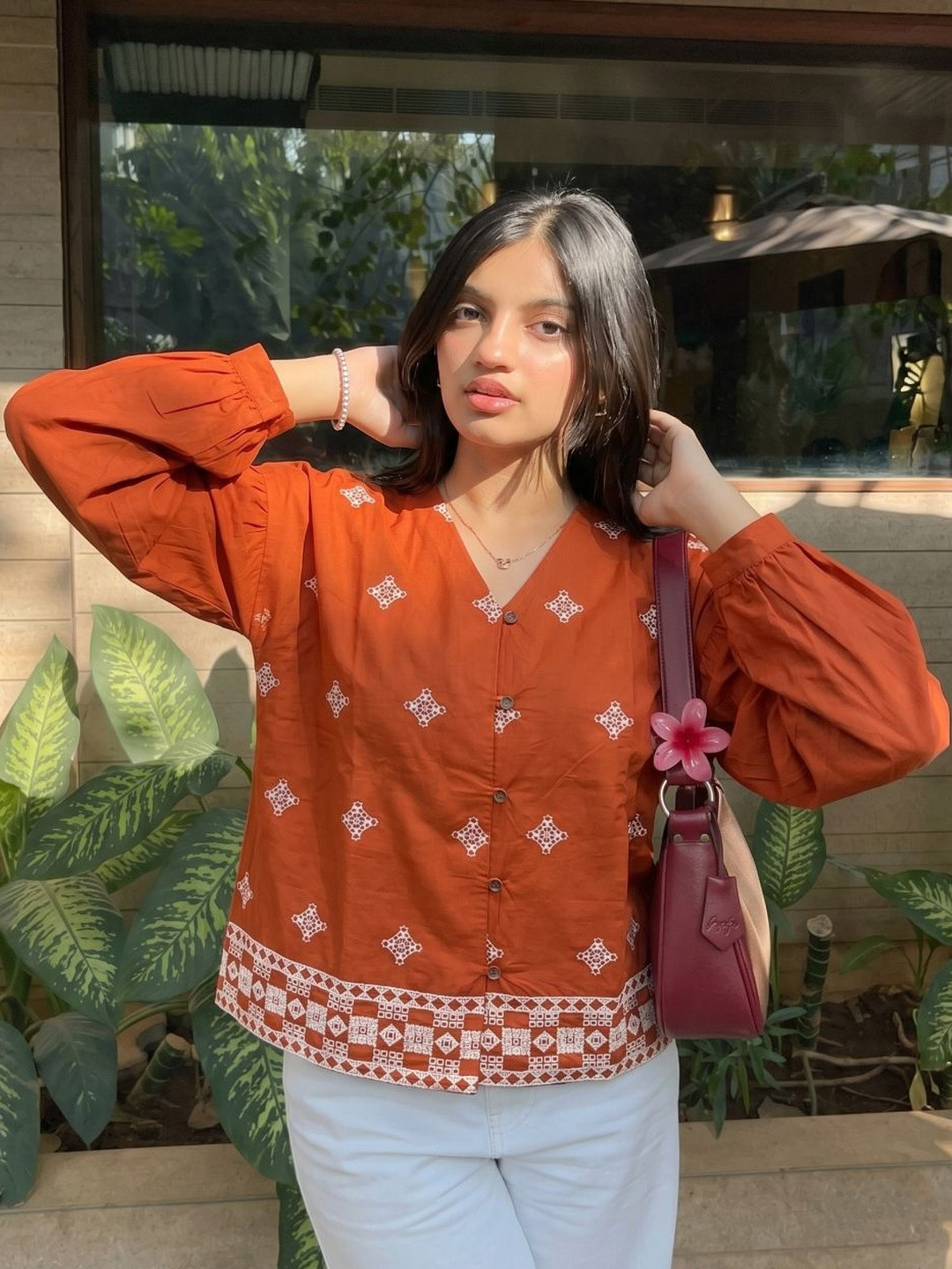 J Turritopsis Women Orange Cotton Geometric Embroidered Casual Casual Shirt