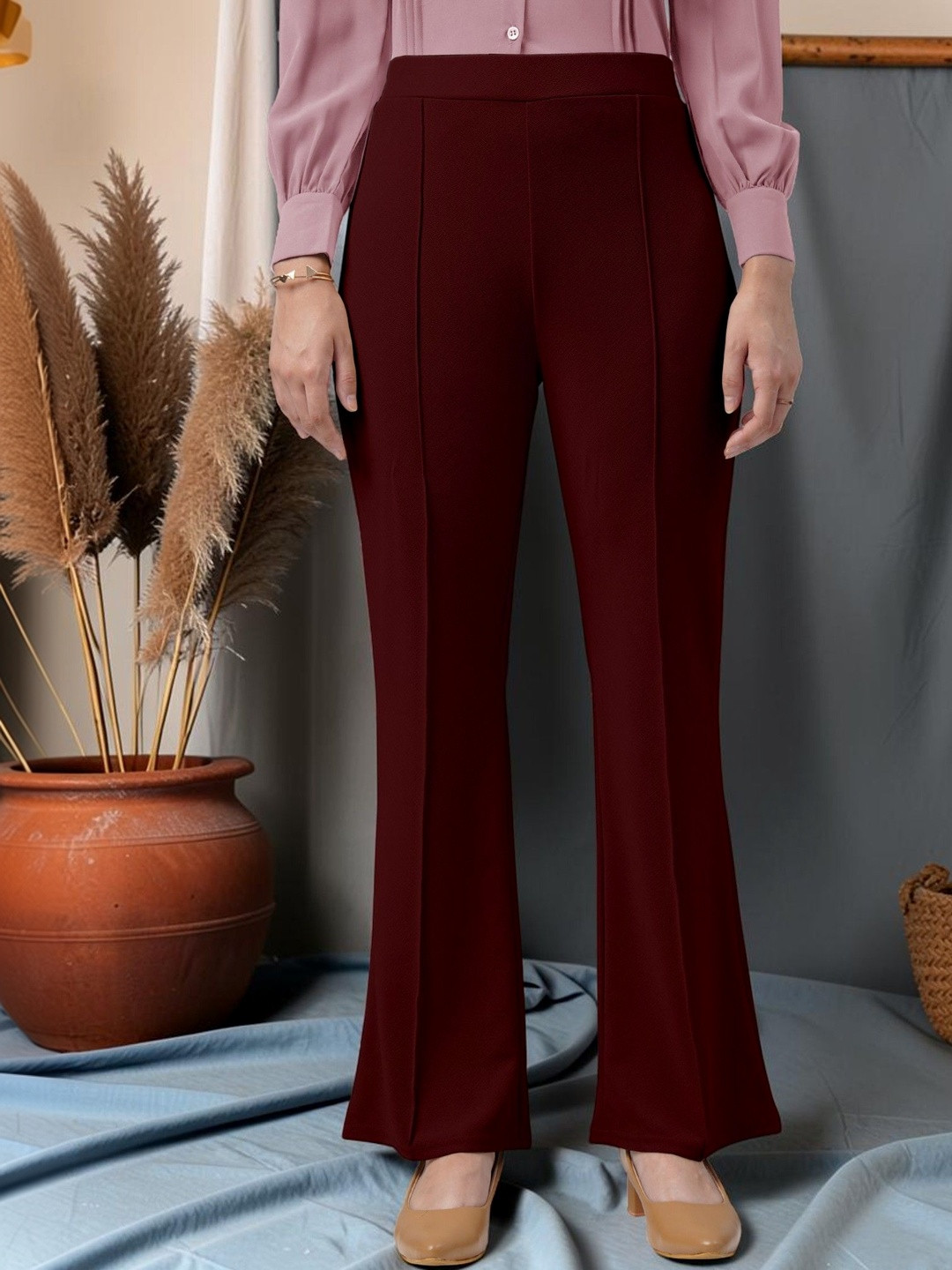 FUBACK Women Relaxed Straight Leg High-Rise Trousers