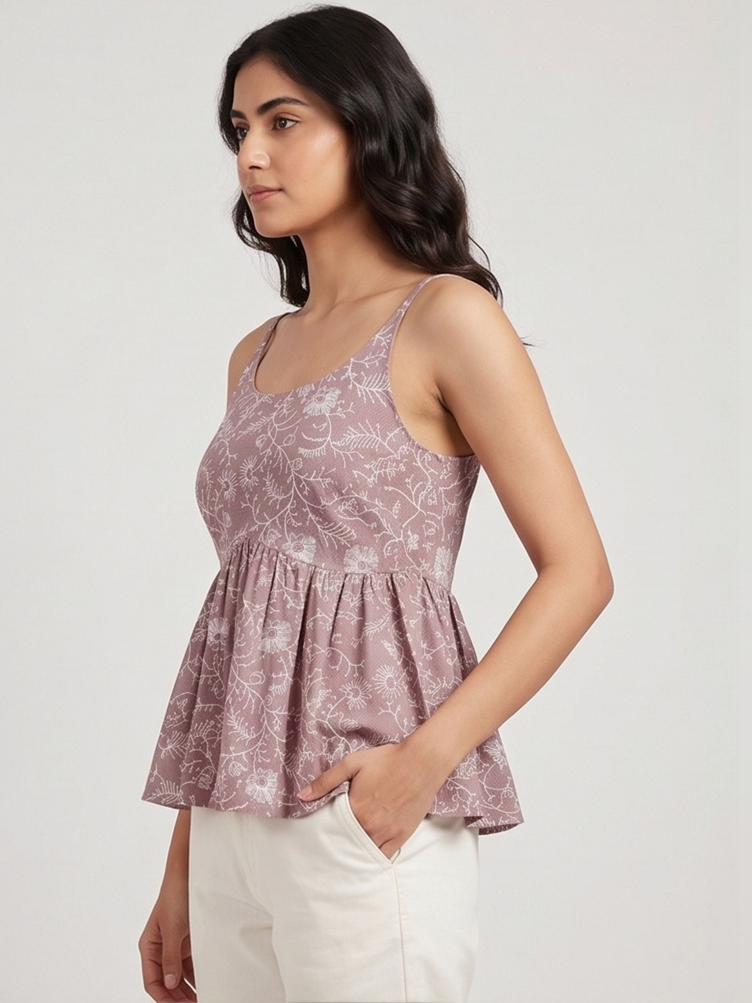 MAAND Floral Print Cotton Peplum Top