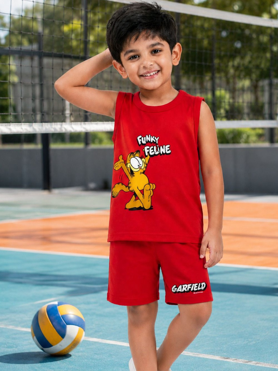 Button Bear Boys Cotton Garfield Printed Regular Fit Sleeveless T-Shirt with Shorts