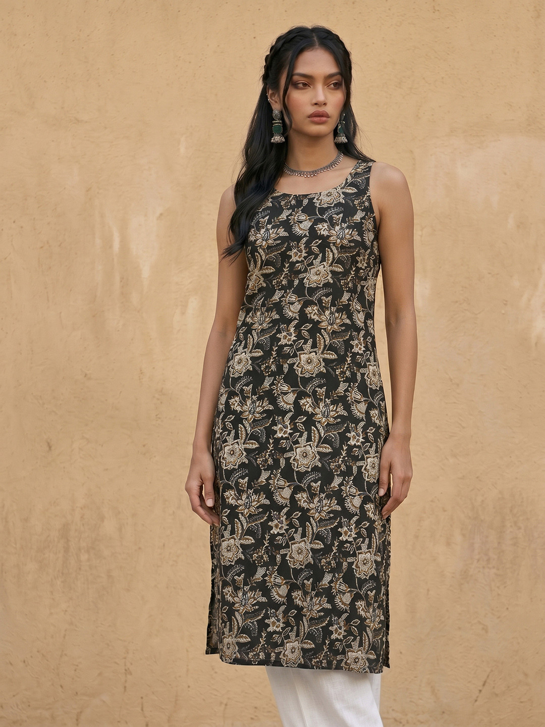 fusion by glitchez Cotton-Linen Floral Printed Straight Kurta