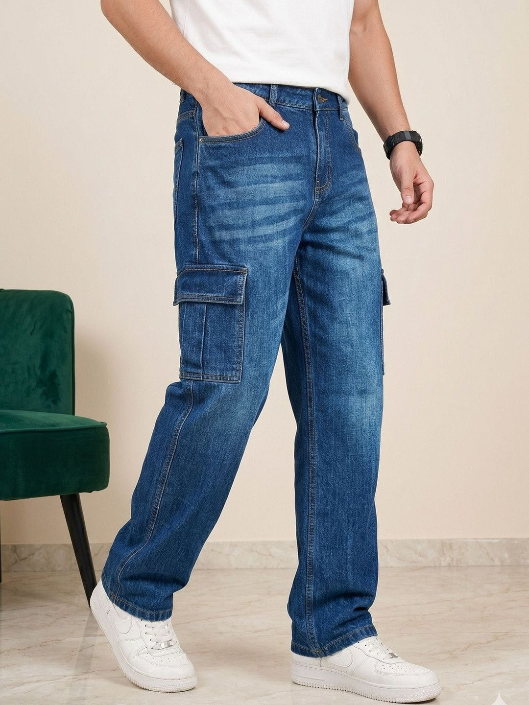 BESTLOO Men Wide Leg Mid-Rise Medium Shade Jeans