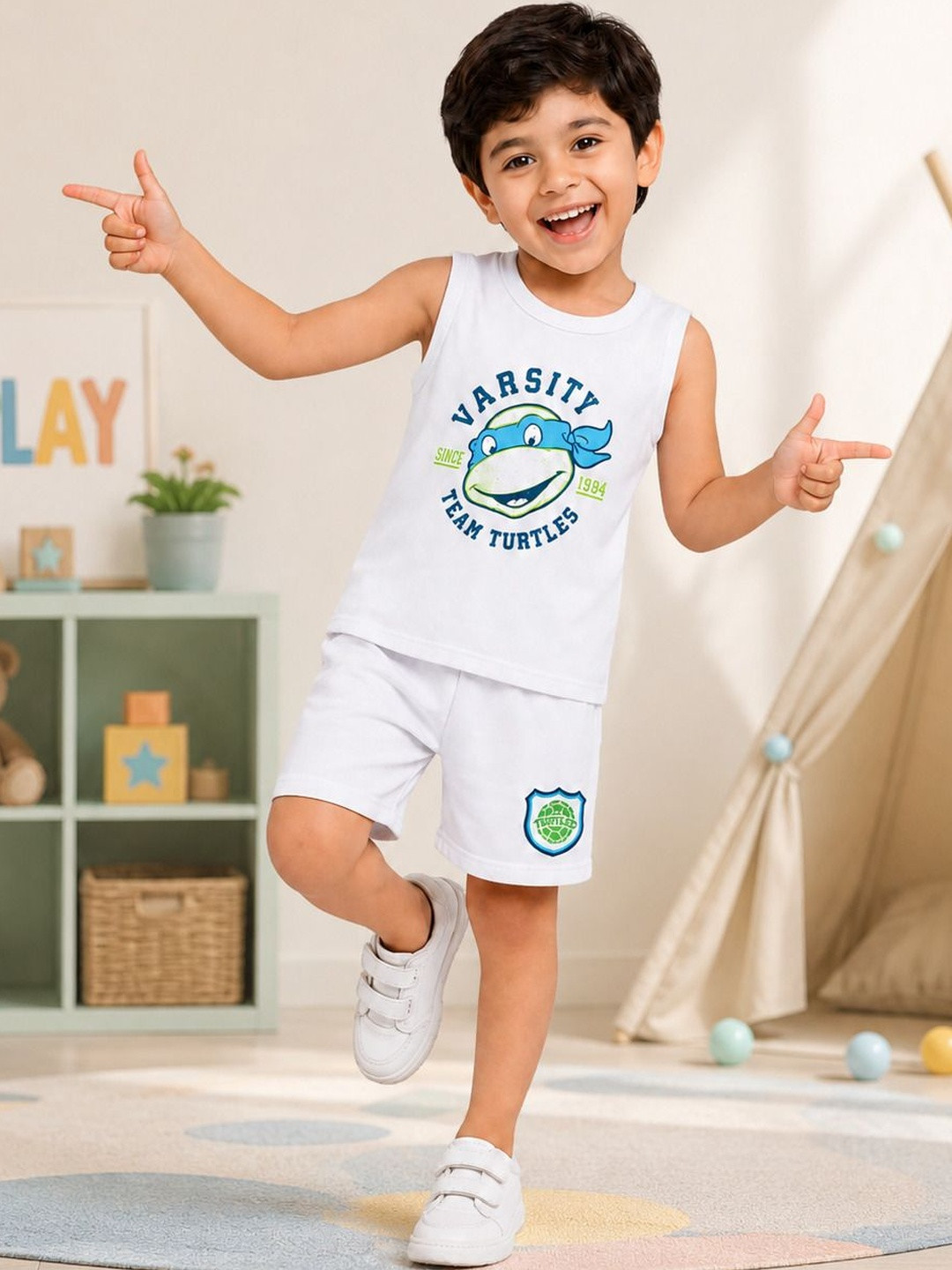 Button Bear boys Cotton Ninja Turtles Printed Regular Fit Sleeveless T-shirt with Shorts