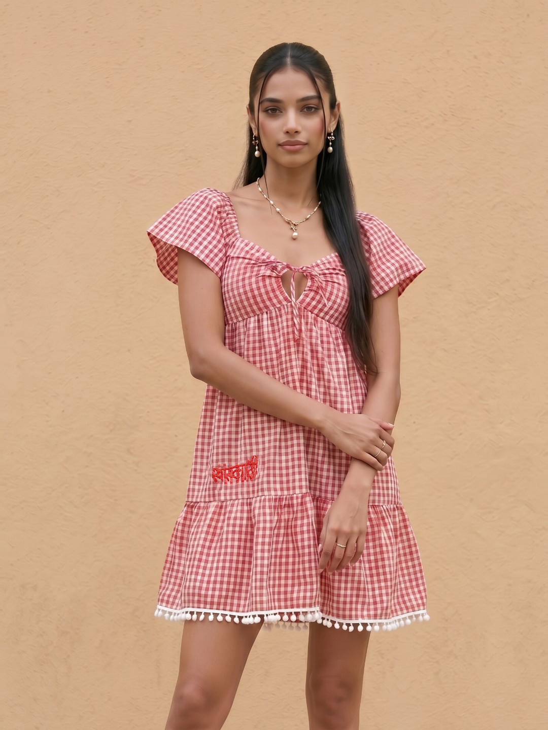 fusion by glitchez Checked Lace Insert & Smocked Detail Fit & Flare Dress with Embroidery