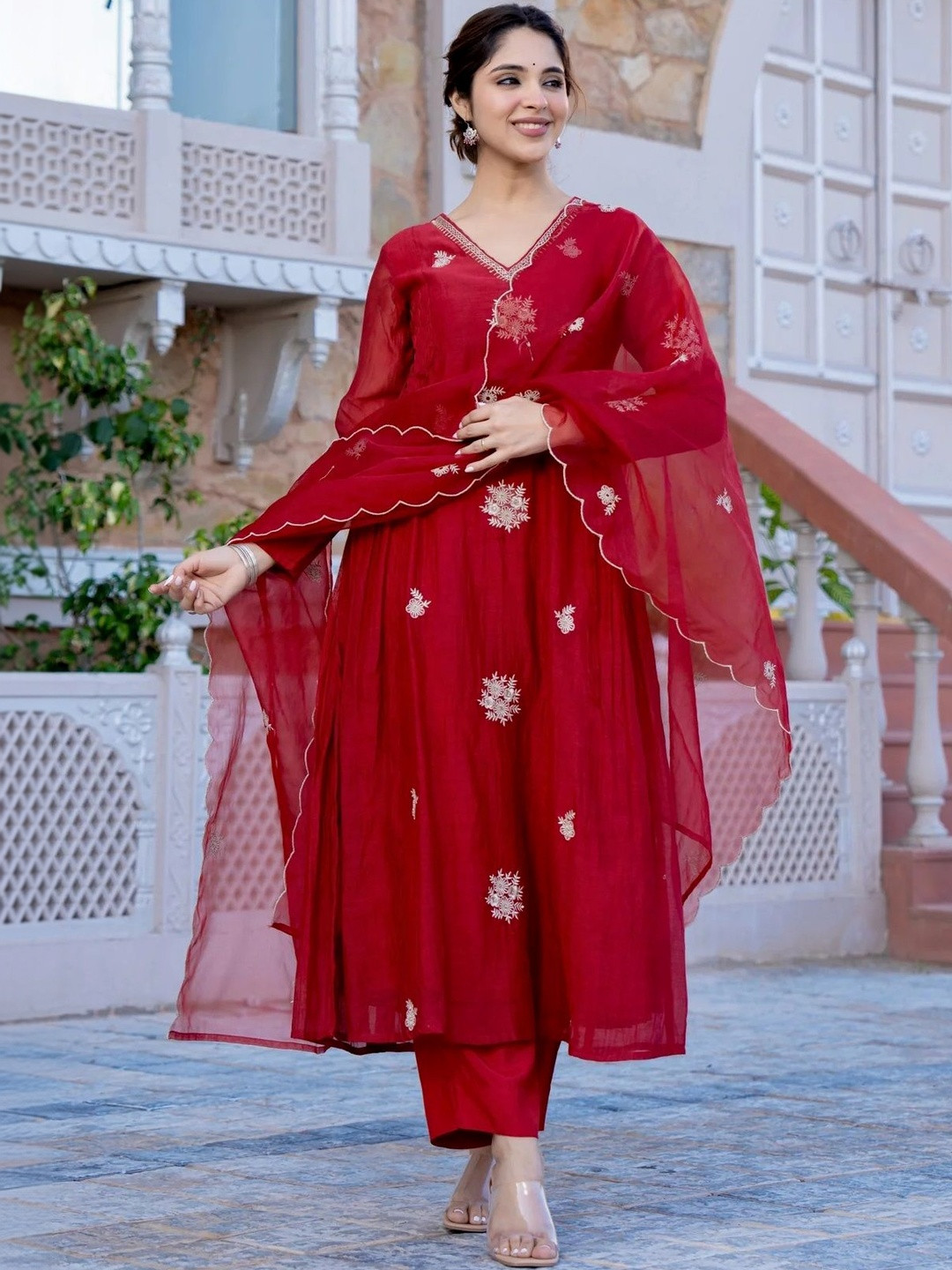 Keitra Women Ethnic Motifs Embroidered Tiered Thread Work Kurta with Trousers & With Dupatta