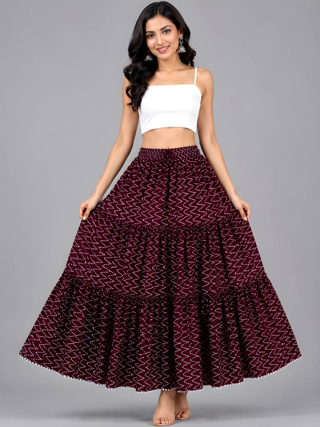 HARAYE Women Geometric Tiered Maxi Flared Skirt