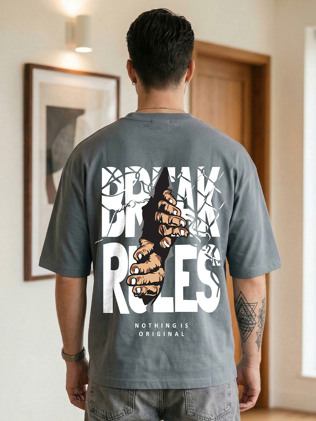 BENNY BROOKS Men Steel Grey Round Neck Half Sleeve Oversized Tshirt