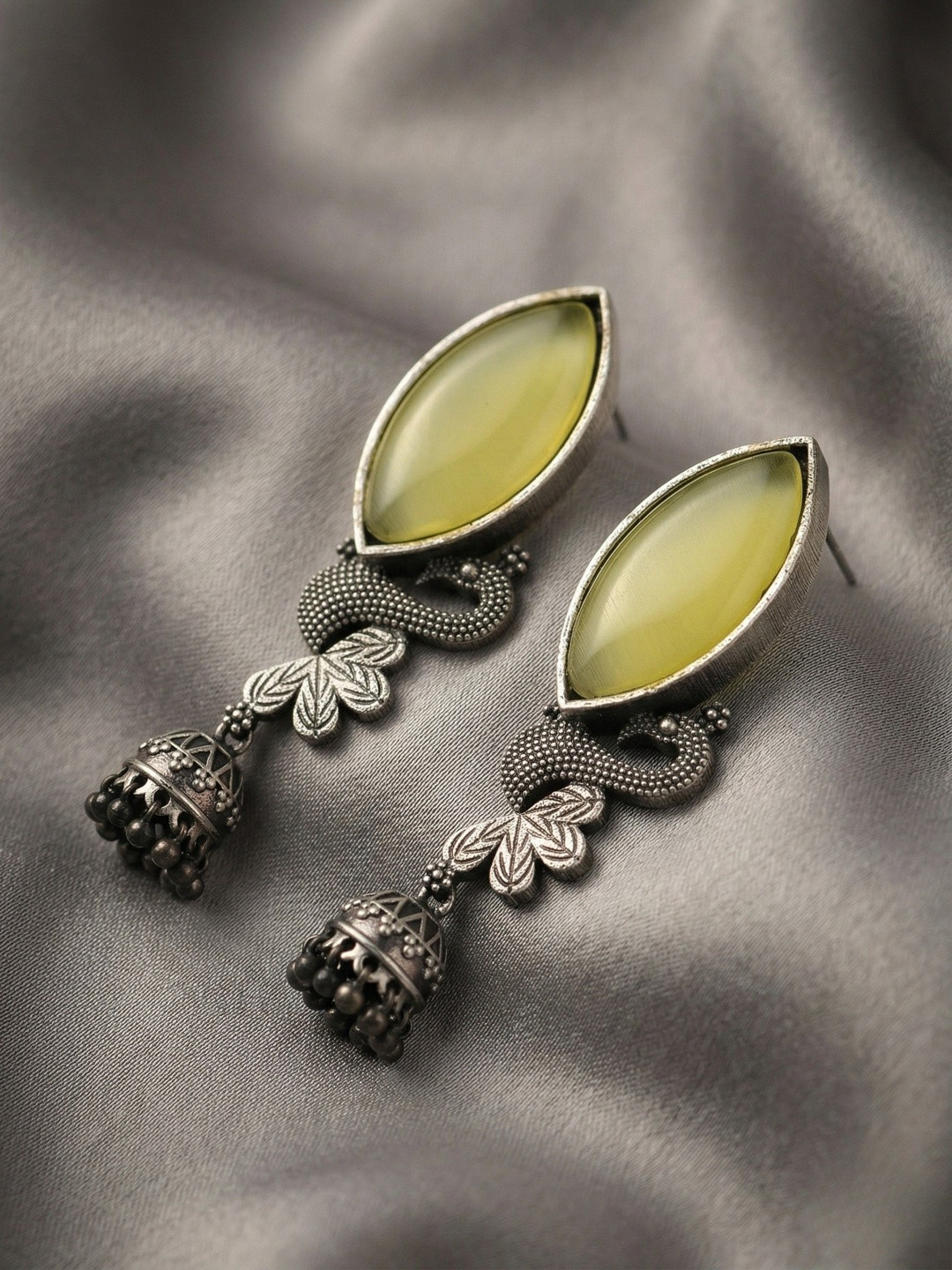 Oxidized Silver-Toned Yellow Stone Studded Peacock Motif Linear Jhumka Drop Earrings