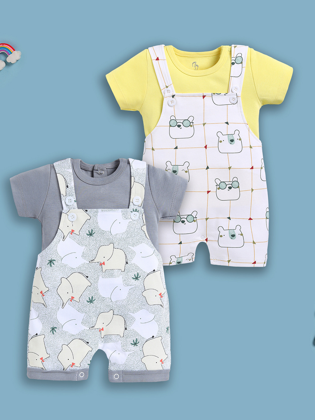 BABY GO Pack Of 2 Printed Cotton Short Dungarees