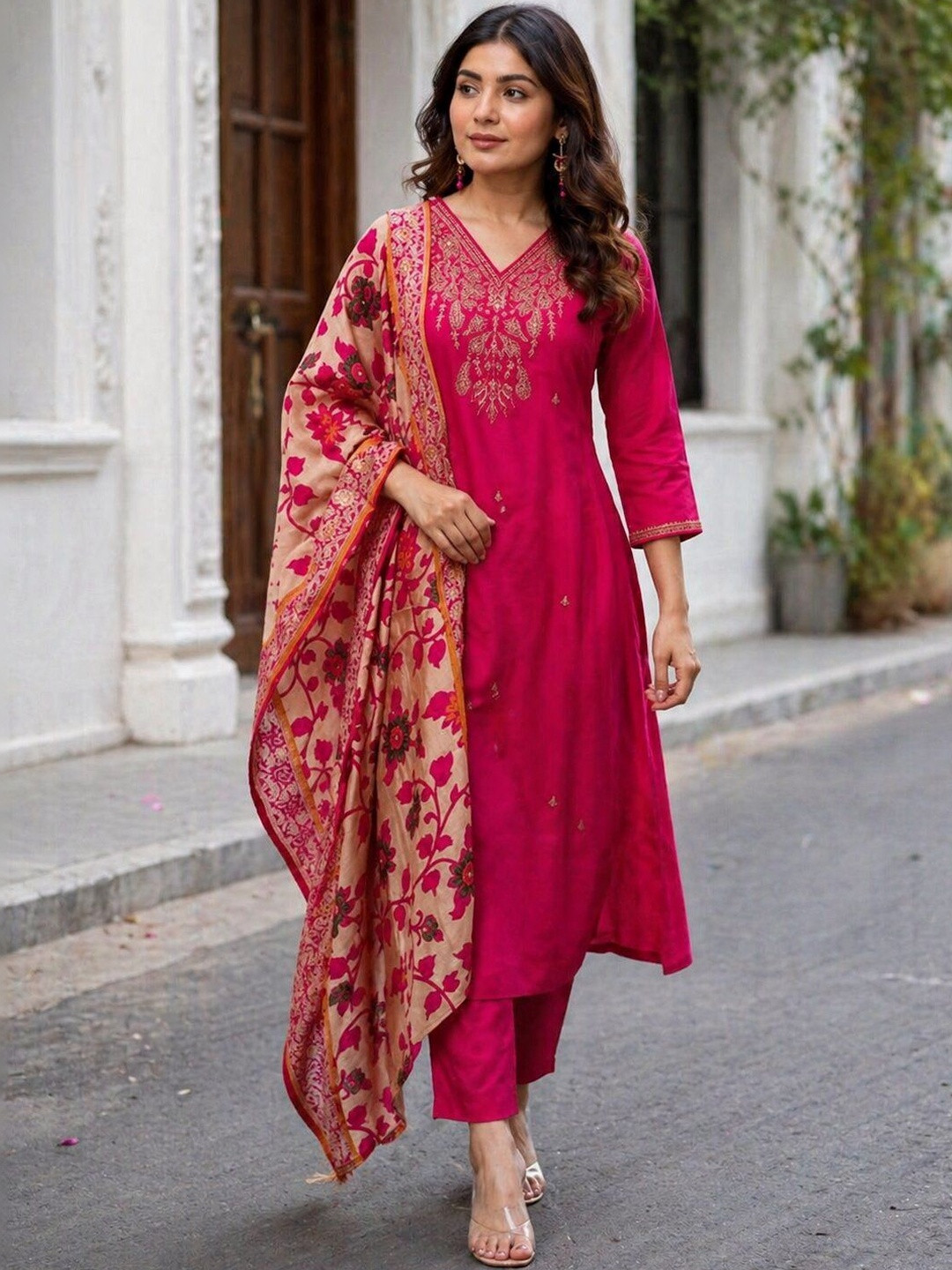 KALINI Women Floral Embroidered Regular Thread Work Kurta with Trousers & With Dupatta