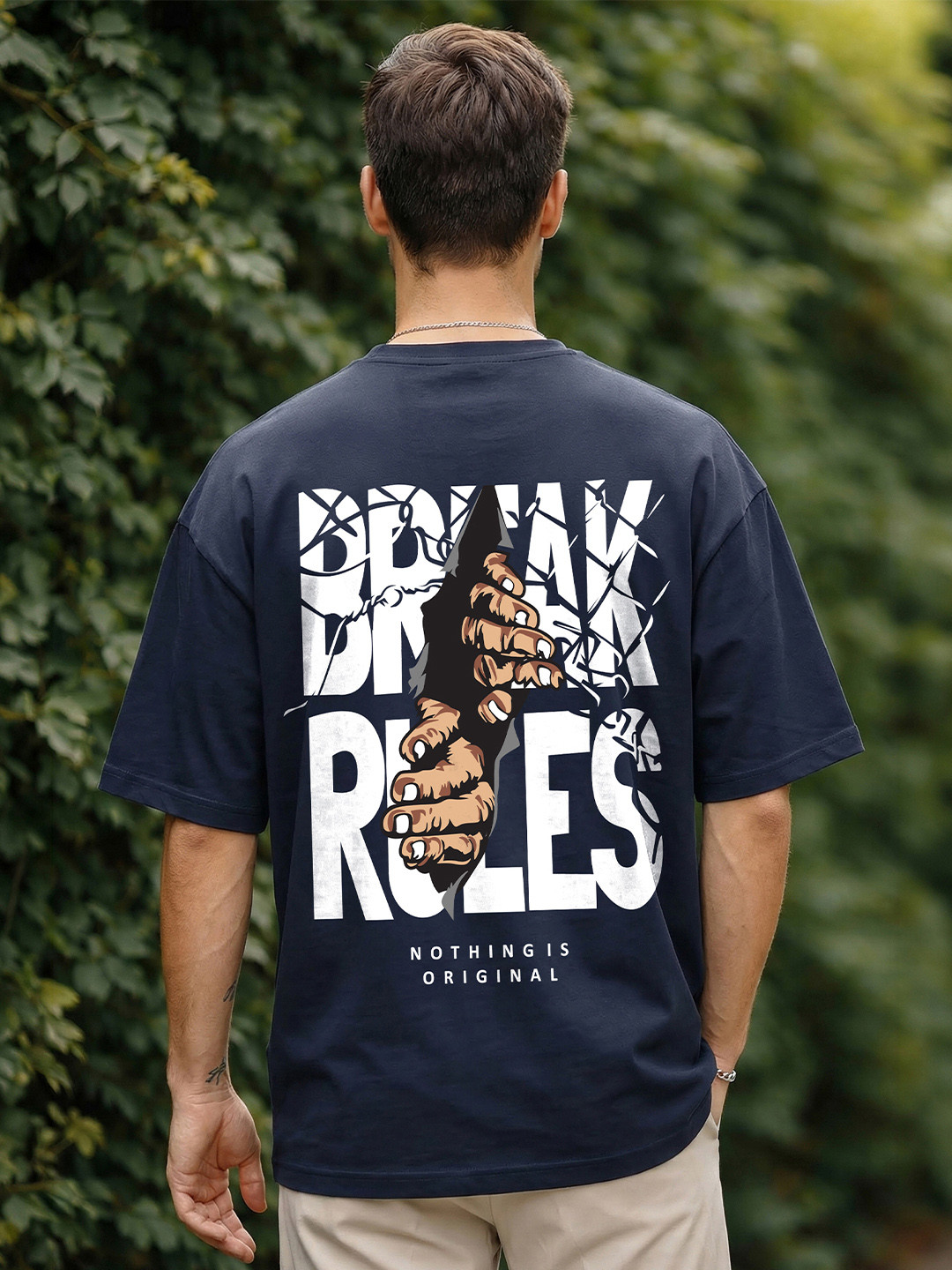 BENNY BROOKS Men Navy Round Neck Half Sleeve Oversized Tshirt