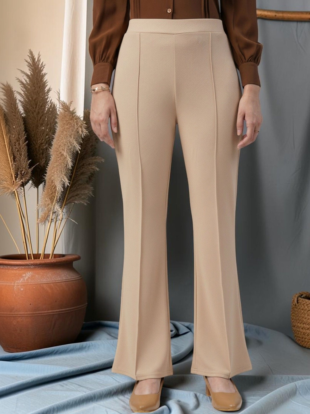 FUBACK Women Relaxed Straight Leg High-Rise Trousers