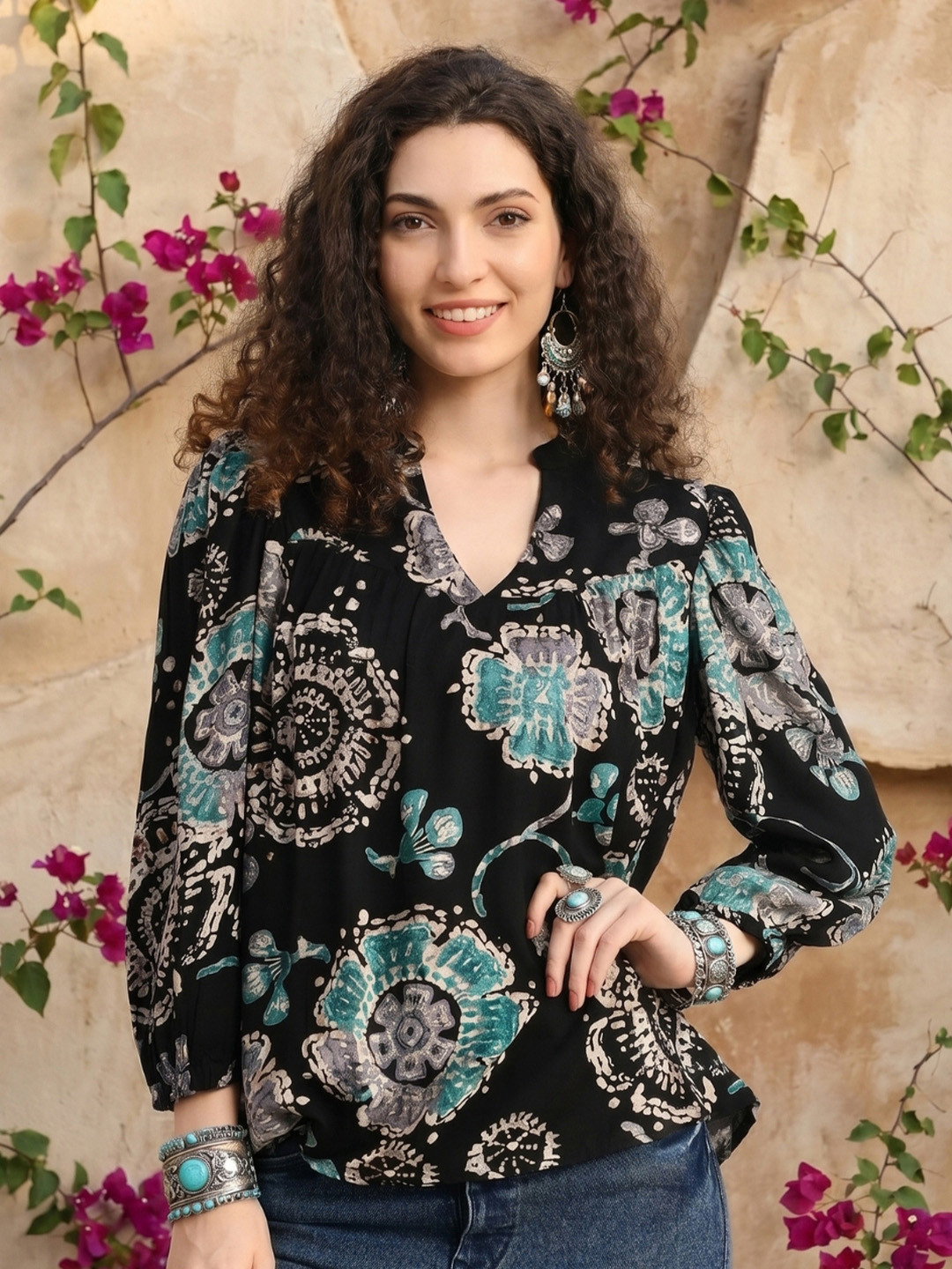 Boholyfe Noemi Foil Gathered Floral V-Neck Top