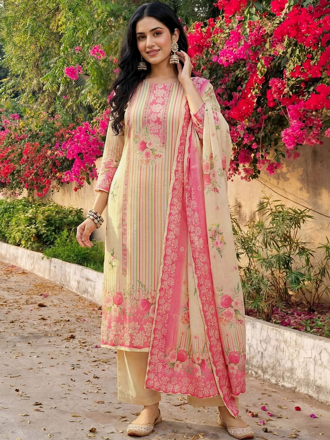 SKYLEE Women Cream Pure Cotton Printed Straight Kurta Palazzos with Dupatta