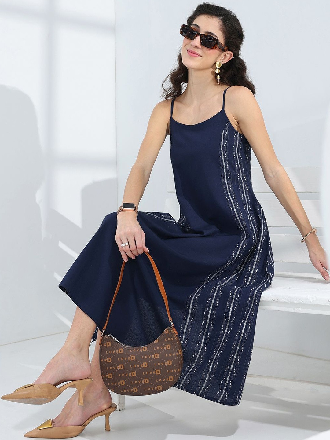 Libas Blue Ethnic Woven Design A-Line One Piece Dress