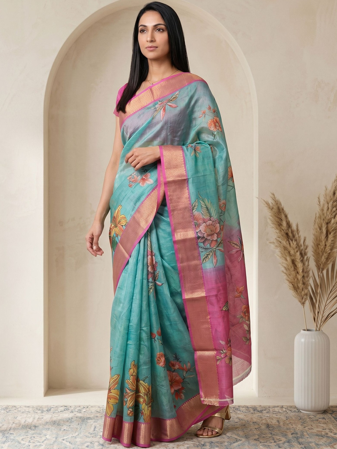 HERE&NOW Floral Silk Blend Mangalagiri Saree