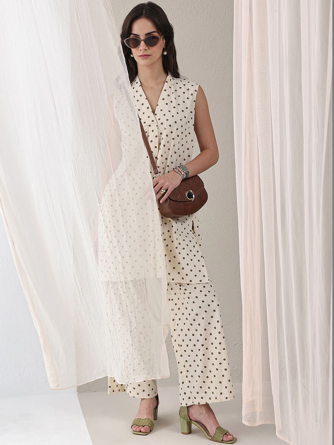 Libas Off White Polka Dot Printed Cotton Co-Ord Set
