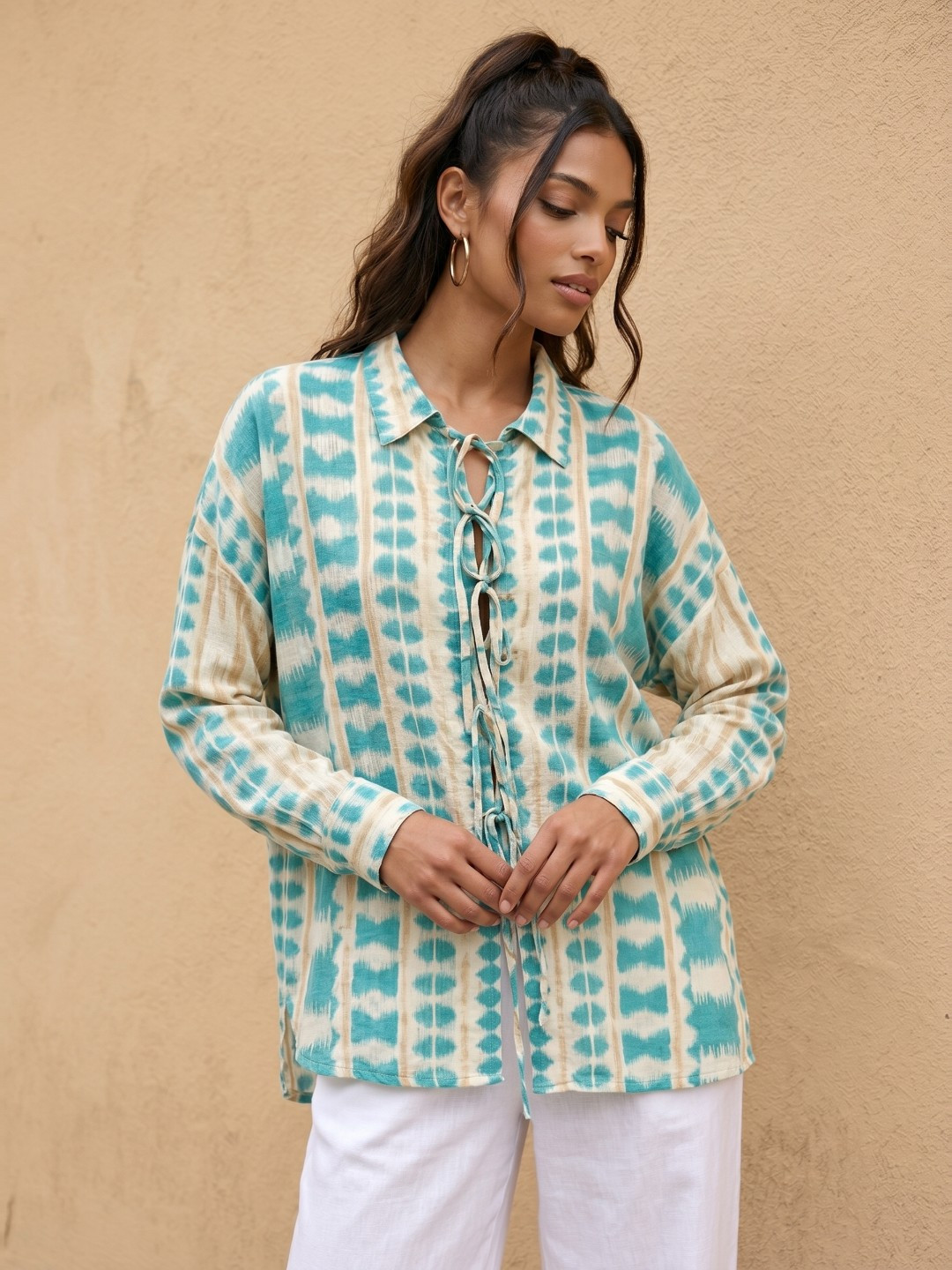fusion by glitchez Geometric Self Designed Tie-Up Detail Casual Shirt