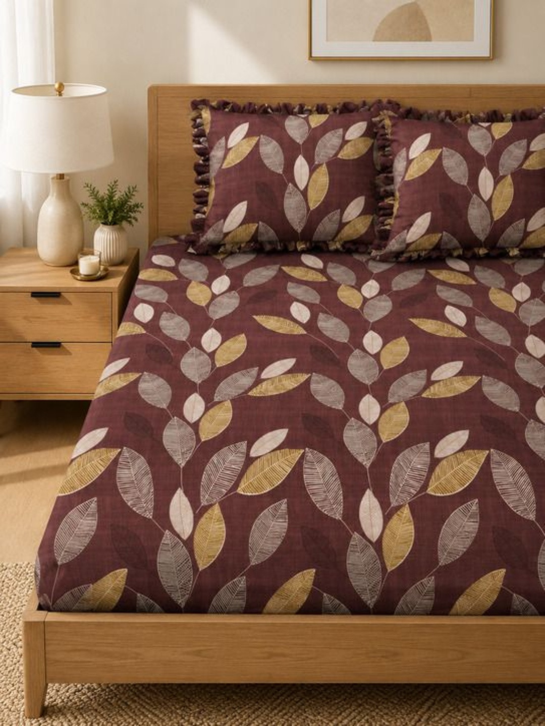 Myntra Elegant Homes Maroon 300 TC Frill Bedsheet with 2 Pillow Covers