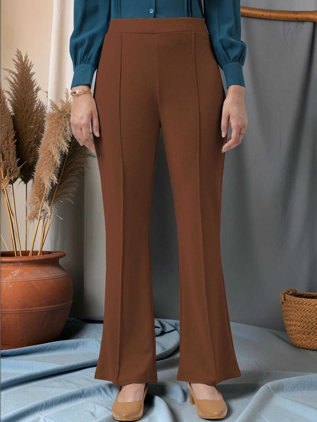 FUBACK Women Relaxed Straight Leg High-Rise Trousers