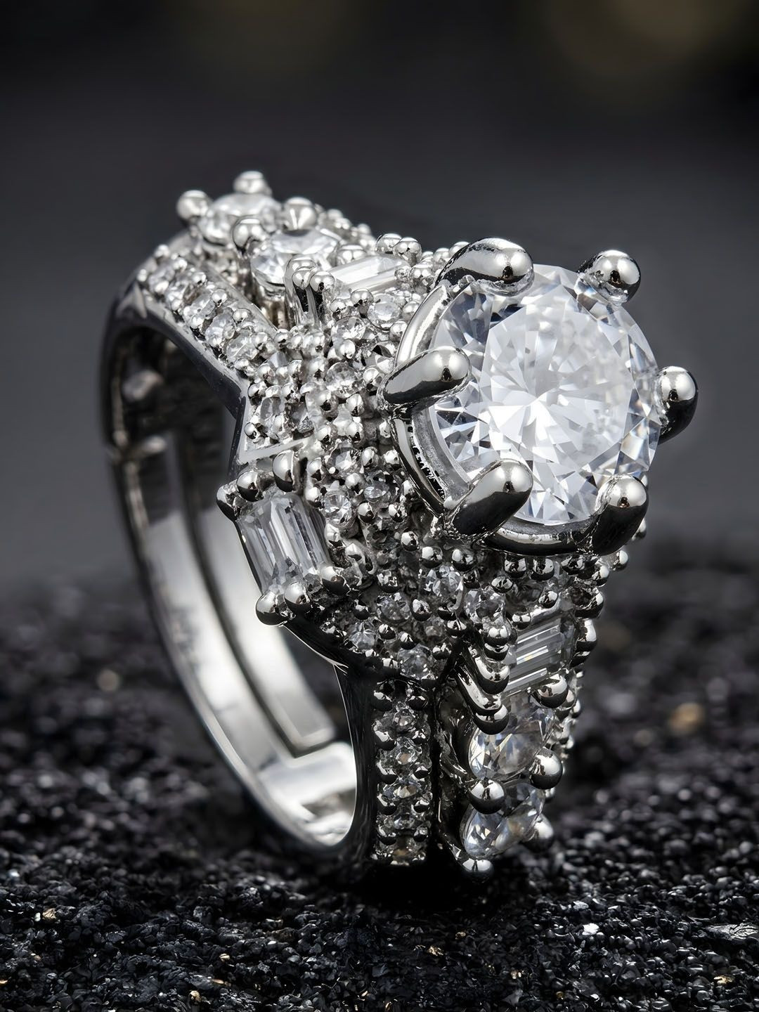 ADIVA Silver Plated White American Diamond Free Size Adjustable Ring