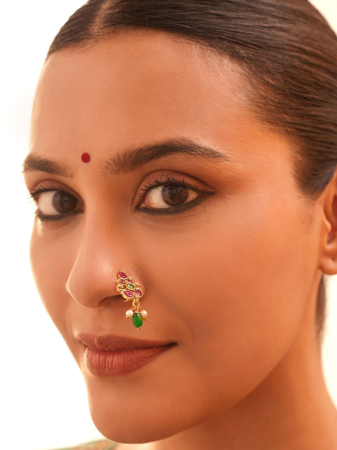JAYPORE Gold-Plated Artificial Stones and Beads Ring Nosepin