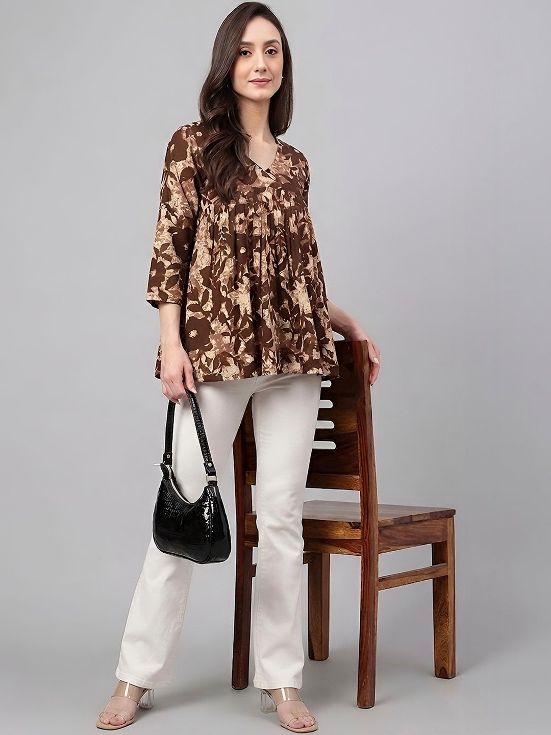 Janasya Beige Animal Print Bell Sleeve Cotton Top