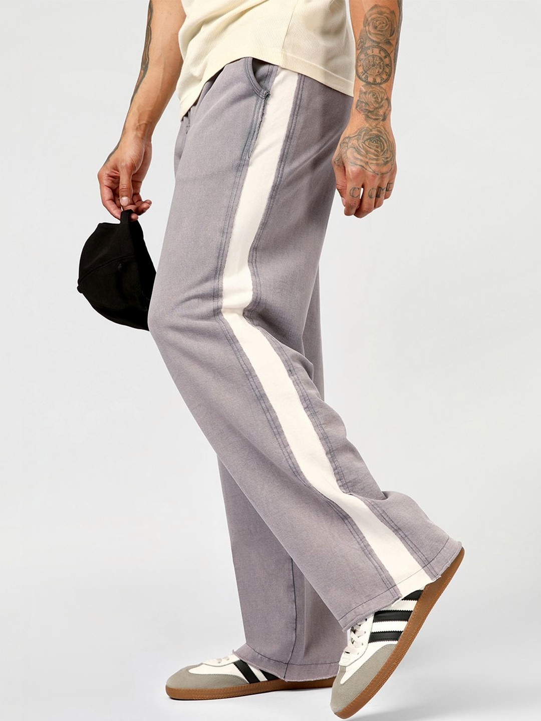 Bewakoof Men's Granite Grey Side Panel Straight Fit Acid Wash Track Pants