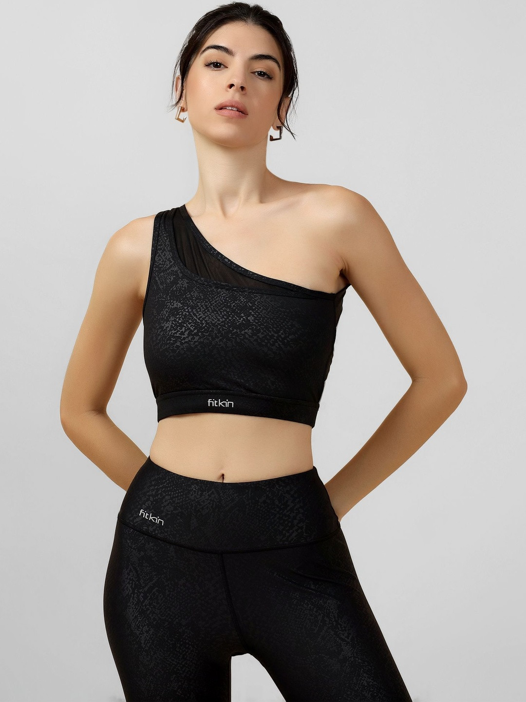 Fitkin Luxe Women Luxe Black Snake Skin One Shoulder Sports Bra for Gym & Workout