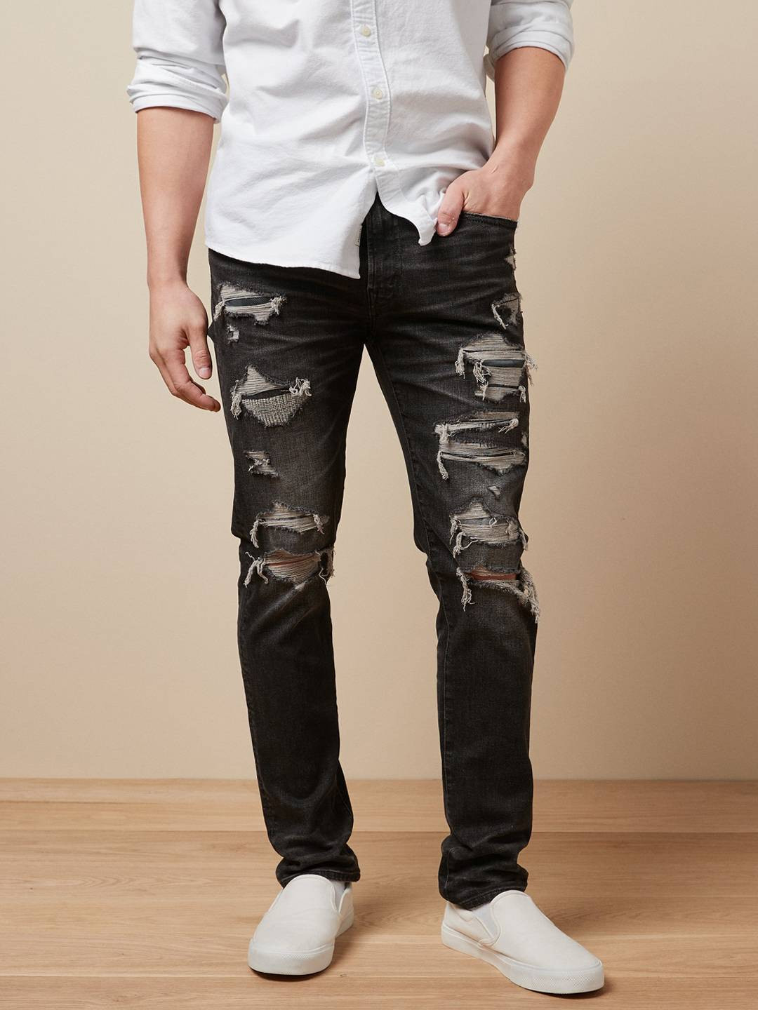 American Eagle Men Black AirFlex+ Ripped Slim Jeans