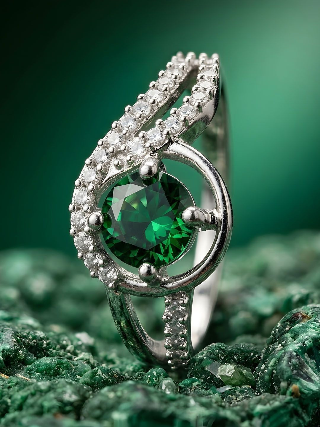 ADIVA Silver Plated Green American Diamond Studded Adjustable Ring